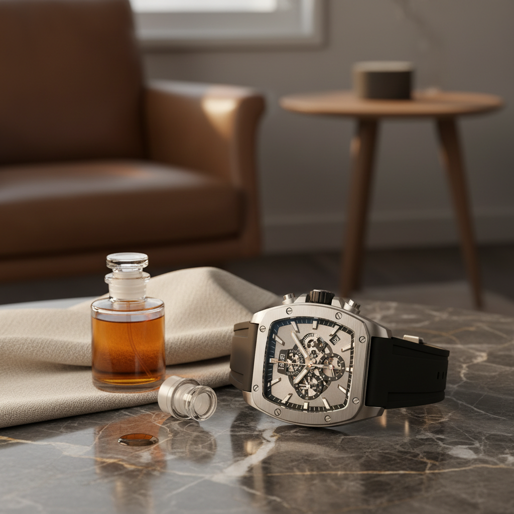 CURREN 8442 Men's Luxury Chronograph Watch lifestyle photo on dark marble with golden light
